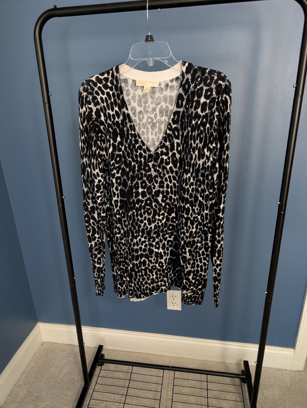 Michael Kors Black and White Leopard V-Neck Sweater